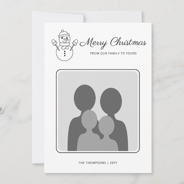 Cartes Pour Fêtes Annuelles Snowman Line Art Avec Photo Familiale Personnalisé (Devant)