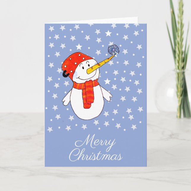 Cartes Pour Fêtes Annuelles Snowman mignon avec flocon de neige Étoiles Noël (Devant)