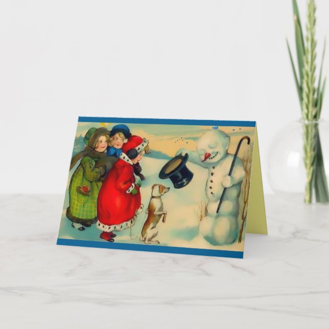 Cartes Pour Fêtes Annuelles Snowman rare, Oiseau sur la tête, Casquette magiqu (Devant)