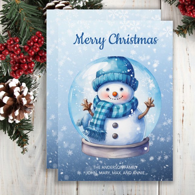 Cartes Pour Fêtes Annuelles Snowman Snowglobe Bleu Blanc Joyeux Noël (Christmas greeting card with a cute blue and white Christmas snowman in a snow globe)