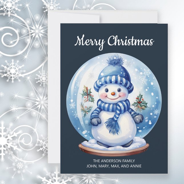 Cartes Pour Fêtes Annuelles Snowman Snowglobe Navy Bleu Blanc Joyeux Noël ( Christmas snowman "Merry Christmas" customizable greeting card)