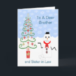 Cartes Pour Fêtes Annuelles Snowman Tree Brother Et Soeur In-Law Christmas<br><div class="desc">Carte de voeux frère et belle-soeur bonhomme de neige de la carte de Noël et conception de l'arbre de Noël. Customisez cette carte de Noël avec n'importe quel texte puis faites-la imprimer et vous l'envoyer ou téléchargez-la instantanément. Si vous avez besoin d'aide pour vous customiser, contactez-nous via le lien de...</div>