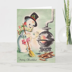 Cartes Pour Fêtes Annuelles Snowman vintage Par La Poêle À Bois