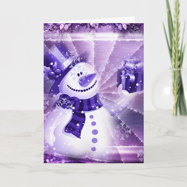 Cartes Pour Fêtes Annuelles Snowman violet sur la scène hivernale (Devant)