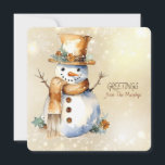Cartes Pour Fêtes Annuelles Snowman voeux de Noël de Nom Famille<br><div class="desc">Un joli bonhomme de neige joyeux avec des accessoires dorés et bruns et un GREETINGS de la famille NAME</div>