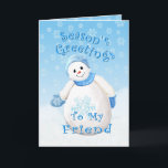 Cartes Pour Fêtes Annuelles Snowman Wonderland for Friend Christmas Card<br><div class="desc">Cute little snowman with blue winter a et mittens as delicate snowflakes fall through the blue sky is a delightful christmas design for greetings to your special friend. Donc,  vous êtes un enjoy matching stamps et venin ts available in my store. Original et design par Anura Design Studio.</div>