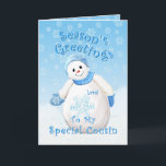 Cartes Pour Fêtes Annuelles Snowman Wonderland pour Cousin Christmas Card<br><div class="desc">Petit bonhomme de neige mignon avec un casquette d'hiver bleu et mittens comme délicats flocons de neige tombent dans le ciel bleu est un design de Noël délicieux pour les salutations à votre Cousin spécial. Vous pouvez également profiter des timbres et des cadeaux assortis disponibles dans mon magasin. Art original...</div>