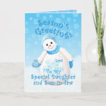 Cartes Pour Fêtes Annuelles Snowman Wonderland pour la fille et le gendre<br><div class="desc">Un joli petit bonhomme de neige avec un casquette d'hiver bleu et des moufles comme des flocons de neige délicats tombent dans le ciel bleu est un magnifique dessin de Noël pour les Joyeuses Fêtes de votre Fille et de votre belle-Fils. Le verset intérieur peut être personnalisé à l'aide du...</div>