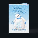 Cartes Pour Fêtes Annuelles Snowman Wonderland pour tante et oncle Christmas C<br><div class="desc">Petit bonhomme de neige mignon avec un casquette d'hiver bleu et mittens comme délicats flocons de neige tombent dans le ciel bleu est un design de Noël délicieux pour les salutations à votre tante spéciale et oncle. Vous pouvez également profiter des timbres et des cadeaux assortis disponibles dans mon magasin....</div>