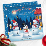Cartes Pour Fêtes Annuelles Snowmen Avec Boissons Frosty Joyeux Noël<br><div class="desc">Cette carte de Noël mignonne comprend trois bonhommes de neige joyeux, représentés avec leurs boissons festives. Avec un ciel étoilé et lumineux, le salut 'Joyeux Noël arche sur la scène. La légende de l'image est "Une équipe gelée avec une brasse festive". Personnalisez avec votre ou vos nom(s) pour la touche...</div>