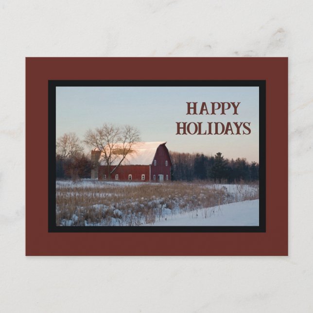 Cartes Pour Fêtes Annuelles Snowy Country Grange Joyeuses Vacances (Devant)