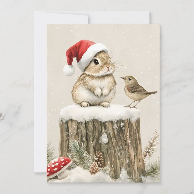Cartes Pour Fêtes Annuelles Snowy Forest Winter Woodland Christmas Bunny Bird  (Devant)