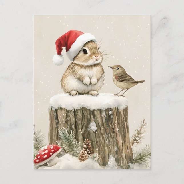 Cartes Pour Fêtes Annuelles Snowy Forest Winter Woodland Christmas Bunny Bird  (Devant)