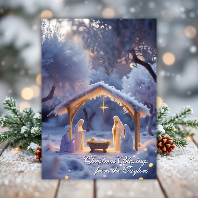Cartes Pour Fêtes Annuelles Snowy Nativité Scene Fête chrétienne Noël (Snowy Nativity scene Christmas card featuring Mary, Joseph, and Baby Jesus under the Star)