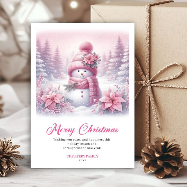 Cartes Pour Fêtes Annuelles Snowy pink coquette snowman kids card digital art (Snowy pink coquette snowman kids card digital art)