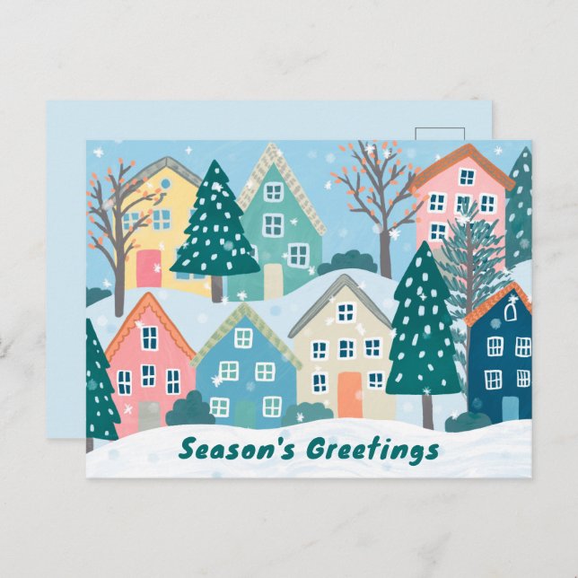 Cartes Pour Fêtes Annuelles Snowy Village Illustration Cute Season's Greetings (Devant / Derrière)