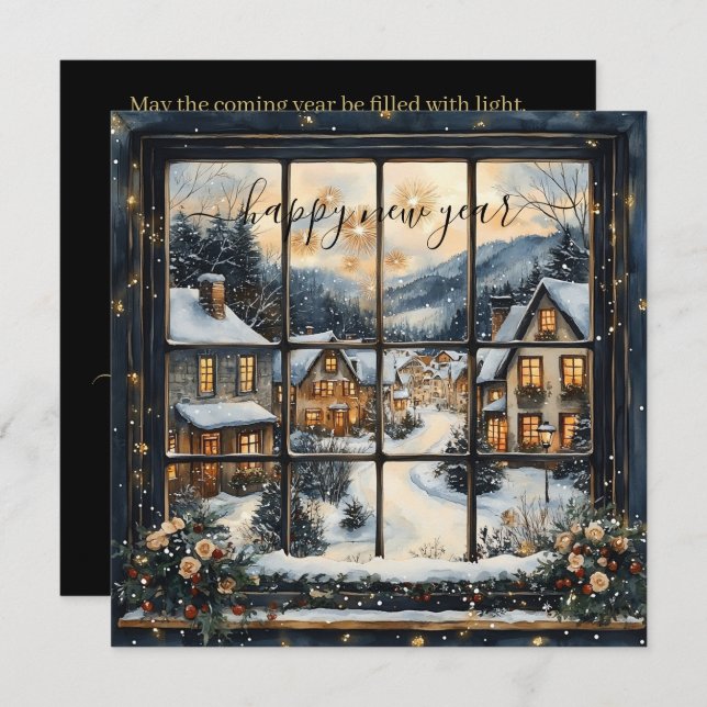 Cartes Pour Fêtes Annuelles Snowy Village Window Scene with New Year Greeting (Devant / Derrière)