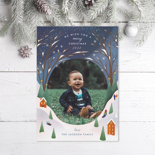 Cartes Pour Fêtes Annuelles Snowy Village Winter Scene Photo de Noël (Créateur téléchargé)