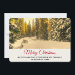 Cartes Pour Fêtes Annuelles Snowy Winter Path with Pine Trees Noël<br><div class="desc">Une carte de Noël plate avec une belle photo nature. Un chemin hivernal isolé avec de grands pins enneigés. Une teinte dorée créera une sensation magique à cette photo.</div>