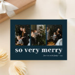 Cartes Pour Fêtes Annuelles So Very Merry Blue Modern 3 Photo Collage<br><div class="desc">Donc Très Merry Blue Modern 3 Photo Collage Carte De Vacances. Envoyez des voeux de vacances personnalisables et personnalisés à vos amis, collègues et famille dans des cartes de style simple, chic, élégant et moderne design photo festif, naturel minimaliste! Ci-dessous la calligraphie présente votre message de voeux personnalisé dans la...</div>