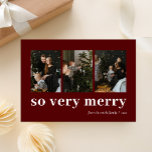 Cartes Pour Fêtes Annuelles So Very Merry Red Modern 3 Photo Collage<br><div class="desc">Donc Très Joyeux Rouge Or Moderne 3 Photo Collage Carte De Vacances. Envoyez des voeux de vacances personnalisables et personnalisés à vos amis, collègues et famille dans des cartes de style simple, chic, élégant et moderne design photo festif, naturel minimaliste! Ci-dessous la calligraphie présente votre message de voeux personnalisé dans...</div>