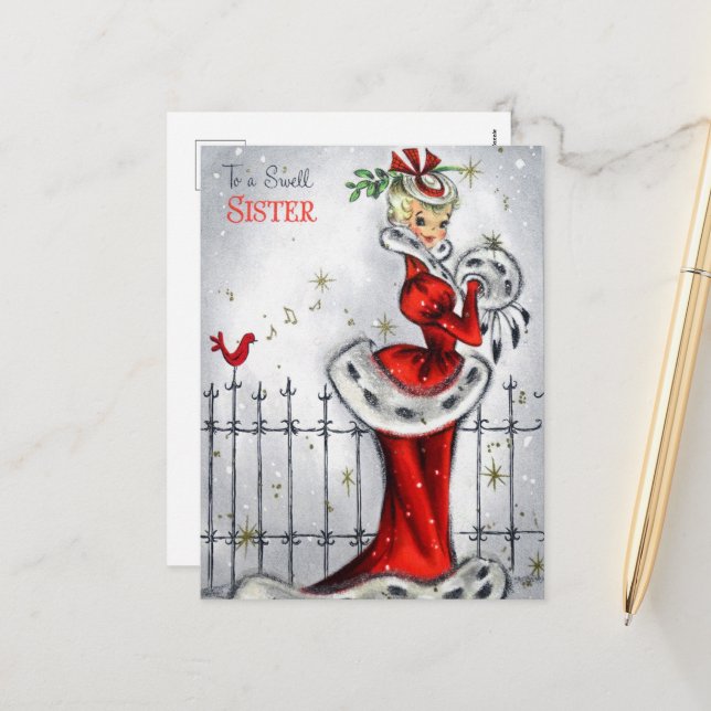Cartes Pour Fêtes Annuelles Soeur de Noël rétro (Devant/Arrière en situation)