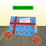 Cartes Pour Fêtes Annuelles Soeur Noël santas et robins<br><div class="desc">Une carte mignonne pour votre soeur dans le style d'une parcelle de Noël attachée avec un ruban rouge. Le design comprend un arrière - plan bleu clair avec des robins, des silhouettes de santa claus et des flocons de neige éparpillés. L'accueil est "Bonne Soeur de Noël", écrit sur le "tag...</div>