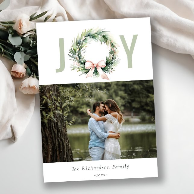 Cartes Pour Fêtes Annuelles Soft Joy Blush Green Christmas Wreath Photo (Créateur téléchargé)