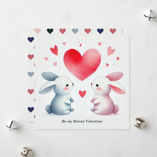 Cartes Pour Fêtes Annuelles "Sois mon lapin de la Saint-Valentin" Aquarelle Ad (Devant/Arrière en situation)