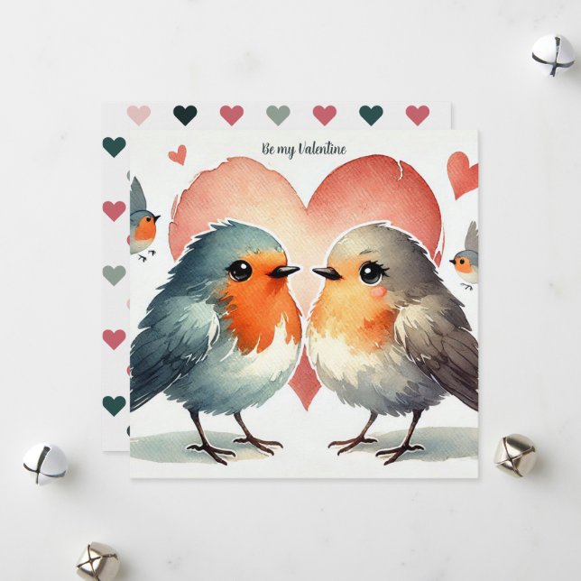 Cartes Pour Fêtes Annuelles "Sois mon Valentin" Aquarelle  Cœurs de Robin (Devant/Arrière en situation)