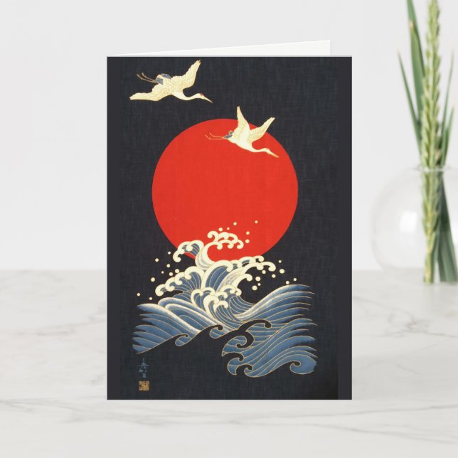 CARTES POUR FÊTES ANNUELLES SOLEIL ROUGE, CRANS DE VOL JAPONAIS, VAGUES DE MER (Devant)