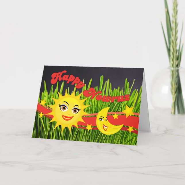 Cartes Pour Fêtes Annuelles Soleil souriant Lune verte Sabzeh Nouvel An persan (Devant)
