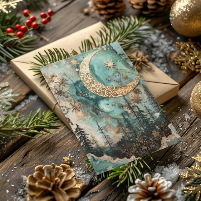Cartes Pour Fêtes Annuelles Solstice d'hiver de Yule Turquoise forêt lune (Créateur téléchargé)