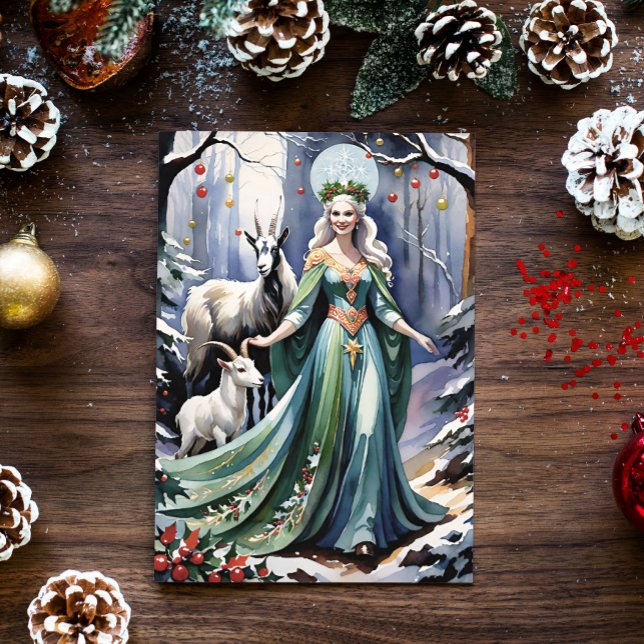 Cartes Pour Fêtes Annuelles Solstice d'hiver déesse Yule chèvres en forêt (Blessed Yule Winter Goddess and Goats in a Snowy Forest)