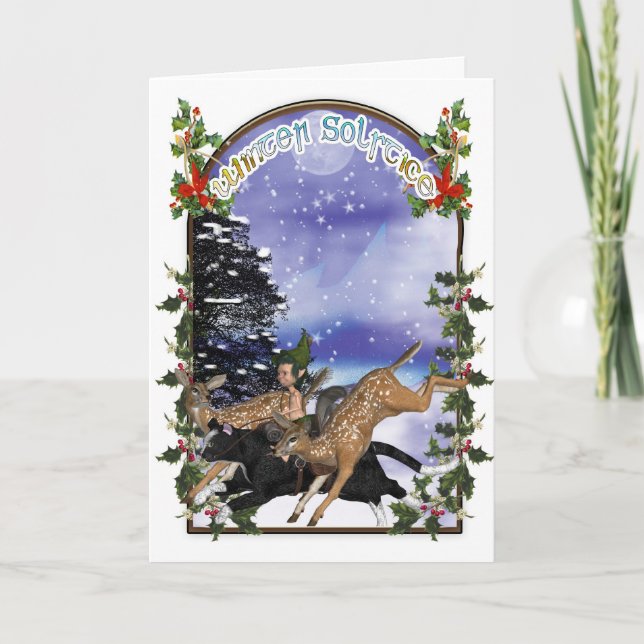 Cartes Pour Fêtes Annuelles Solstice D'Hiver Elfe De Bois Sur Chat Avec Filles (Devant)