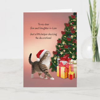 Cartes Pour Fêtes Annuelles Son and Daughter in Law with Cat in Christmas Hat