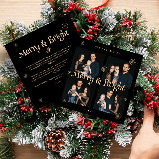 Cartes Pour Fêtes Annuelles Sophisticated & Exquisite Black and Golden Collage (Sophisticated & Exquisite Black and Fake Golden Merry & Bright Christmas 4 Photos Collage Holiday Ca)