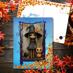 Cartes Pour Fêtes Annuelles Sorcier de Halloween Envoûtant Fille et Chat Citro