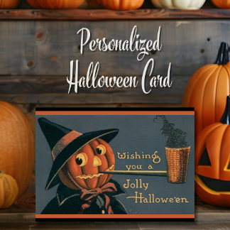 Cartes Pour Fêtes Annuelles Sorcière à la citrouille vintage et pipe Halloween