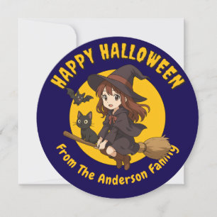 Cartes Pour Fêtes Annuelles Sorcière Anime & Chat Sur Broom Halloween