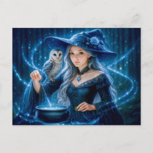 Cartes Pour Fêtes Annuelles Sorcière aux cheveux argentés avec chouette et cha