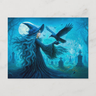 Cartes Pour Fêtes Annuelles Sorcière avec corbeau dans un cimetière éclairé pa
