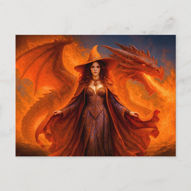 Cartes Pour Fêtes Annuelles Sorcière avec dragon rouge et feu ardent (Devant)