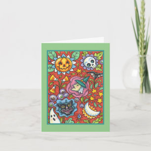CARTES POUR FÊTES ANNUELLES SORCIÈRE, CHAT, FANTÔME, JARDIN DE FOLK COLORÉ D'H