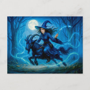 Cartes Pour Fêtes Annuelles Sorcière chevauchant une chèvre à travers la forêt
