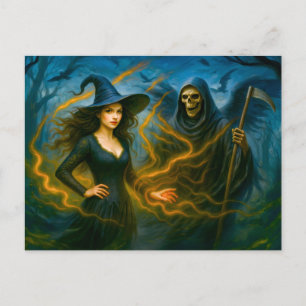 Cartes Pour Fêtes Annuelles Sorcière dans la forêt noire avec la faucheuse sin