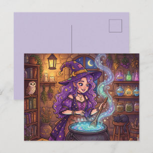 Cartes Pour Fêtes Annuelles Sorcière de dessin animé faisant une potion d'amou