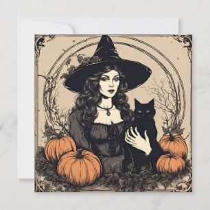 Cartes Pour Fêtes Annuelles Sorcière de Halloween vintage avec chat noir, citr