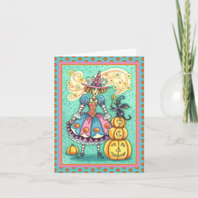 CARTES POUR FÊTES ANNUELLES SORCIÈRE DE LA FÊTE ROSE EST LA MAGIE D'HALLOWEEN, (Devant)