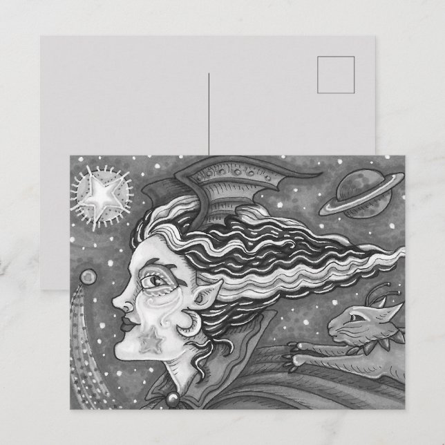 CARTES POUR FÊTES ANNUELLES SORCIÈRE DE SCIENCE-FICTION ET CHAT COMÈTE ESPACE  (Devant / Derrière)
